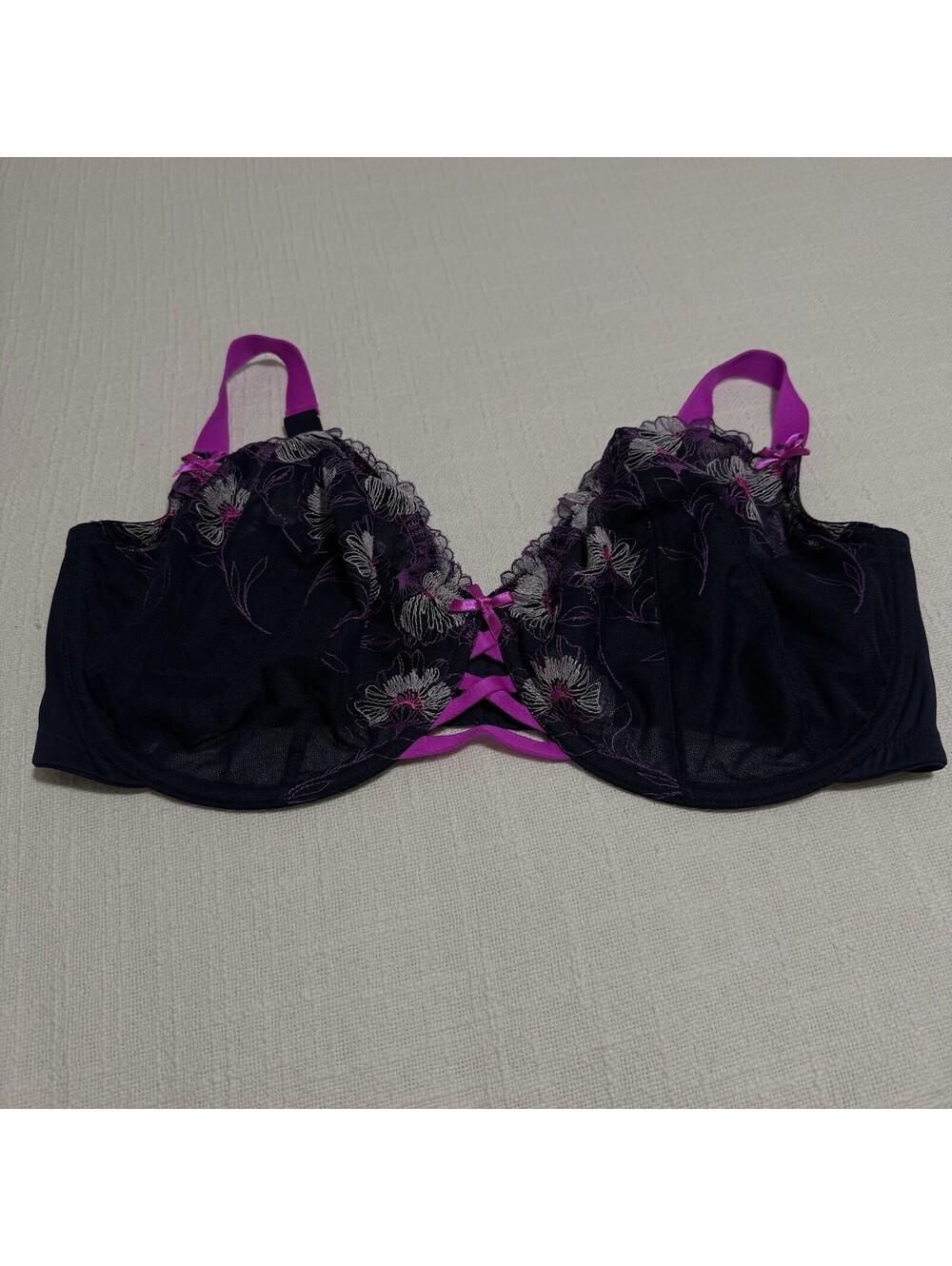 Cacique 42G Unlined Balconette Bra Mesh Flower Embroidery Underwire Blue /Purple